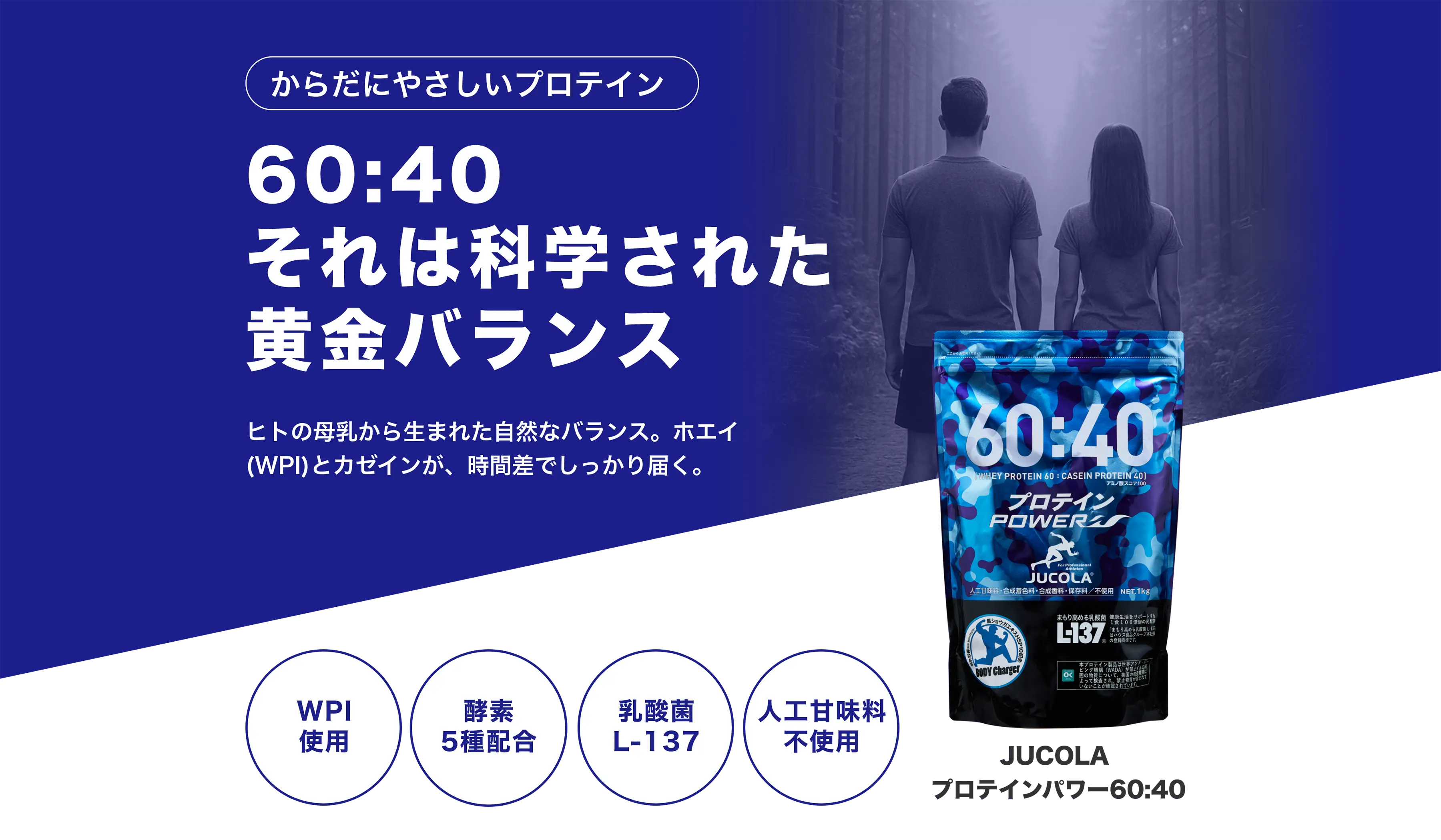 からだにやさしいプロテイン 60:40それは科学された黄金バランス ヒトの母乳から生まれた自然なバランス。ホエイ(WPI)とカゼインが、時間差でしっかり届く。「JUCOLA プロテインパワー60:40」